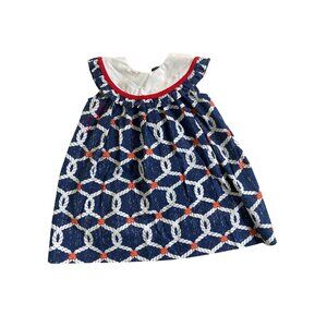 La Za Me Nautical Rope Print Baby Dress size 12 Month Sleeveless White Collar